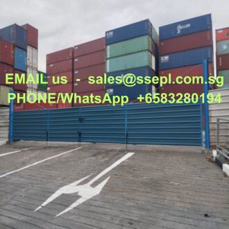 Stacks of shipping containers behind a blue gate with bright green overlay text: 'EMAIL us - sales@ssep1.com.sg' and 'PHONE/WhatsApp +65 83280194' (informational contact info displayed on image).