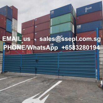 Stacks of colorful shipping containers piled behind a blue security gate, with overlaid contact text: 'EMAIL us – sales@ssenpl.com.sg' and 'PHONE/WhatsApp +65 83280194'