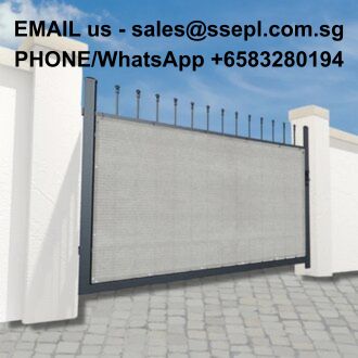 Security gate between white pillars on a paved entrance; overlay text shows contact email sales@ssepl.com.sg and phone/WhatsApp +65 83280194.
