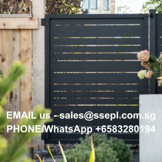 Garden scene with a black slatted fence and white text overlay showing contact info: 'EMAIL us - sales@ssepl.com.sg' and 'PHONE WhatsApp +65 83280 194'.