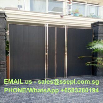 Dark double gate with neon green contact text: 'EMAIL us - sales@ssepl.com.sg, PHONE/WhatsApp +65 83280194'.