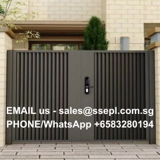 Grey metal gate with vertical slats and a central handle; overlay text provides contact info: 'EMAIL us - sales@ssepl.com.sg PHONE/WhatsApp +65 83280194'