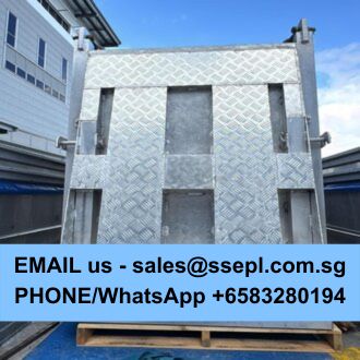 Diamond-plate metal platform with a blue banner across the bottom that reads: 'EMAIL us - sales@ssepl.com.sg PHONE/WhatsApp +6583280194'