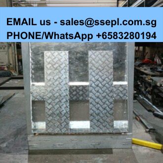 Diamond-plate metal frame in a workshop with a blue banner listing contact info: EMAIL us - sales@ssepl.com.sg, PHONE/WhatsApp +6583280194.