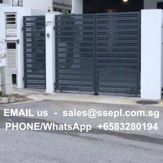 Grey metal gate with white surrounding pillars on a driveway; overlaid contact text reads: EMAIL us - sales@ssepl.com.sg and PHONE/WhatsApp +65 83280194.