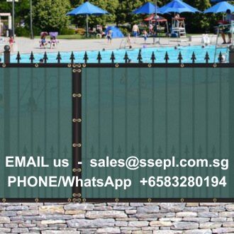 Public swimming pool behind a teal gate with blue umbrellas; contact sales@ssepl.com.sg and +65 83280194.