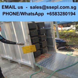 Blue banner across the top shows contact info: 'EMAIL us - sales@ssepl.com.sg' and 'PHONE/WhatsApp +65 83280194', with a metal shipping container, ramp, and a worker nearby during loading.
