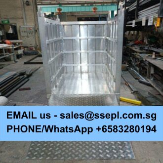 Metal industrial cage in a workshop with a blue bottom banner displaying contact info: sales@ssepl.com.sg and +65 83280194.