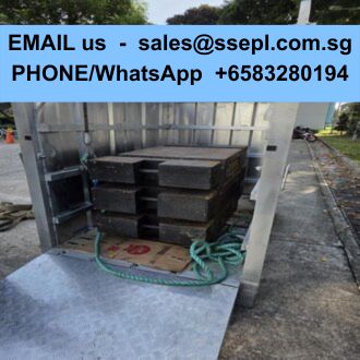 Truck bed with stacked black pallets inside; a blue banner across the top reads 'EMAIL us - sales@ssepl.com.sg PHONE/WhatsApp +6583280194'.
