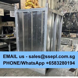 Large galvanized metal rectangular enclosure in an industrial workshop, with a blue banner at the bottom reading: 'EMAIL us - sales@ssepl.com.sg PHONE/WhatsApp +6583280194'